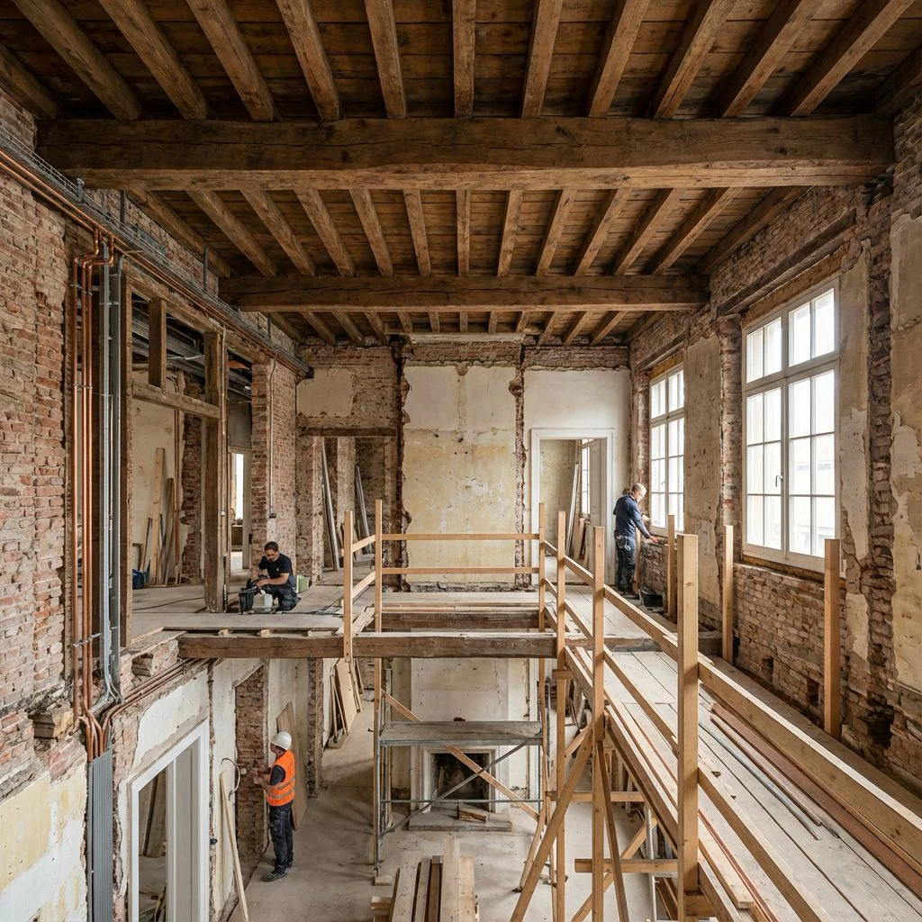 Kernsanierung eines Altbaus mit freigelegten Holzbalken